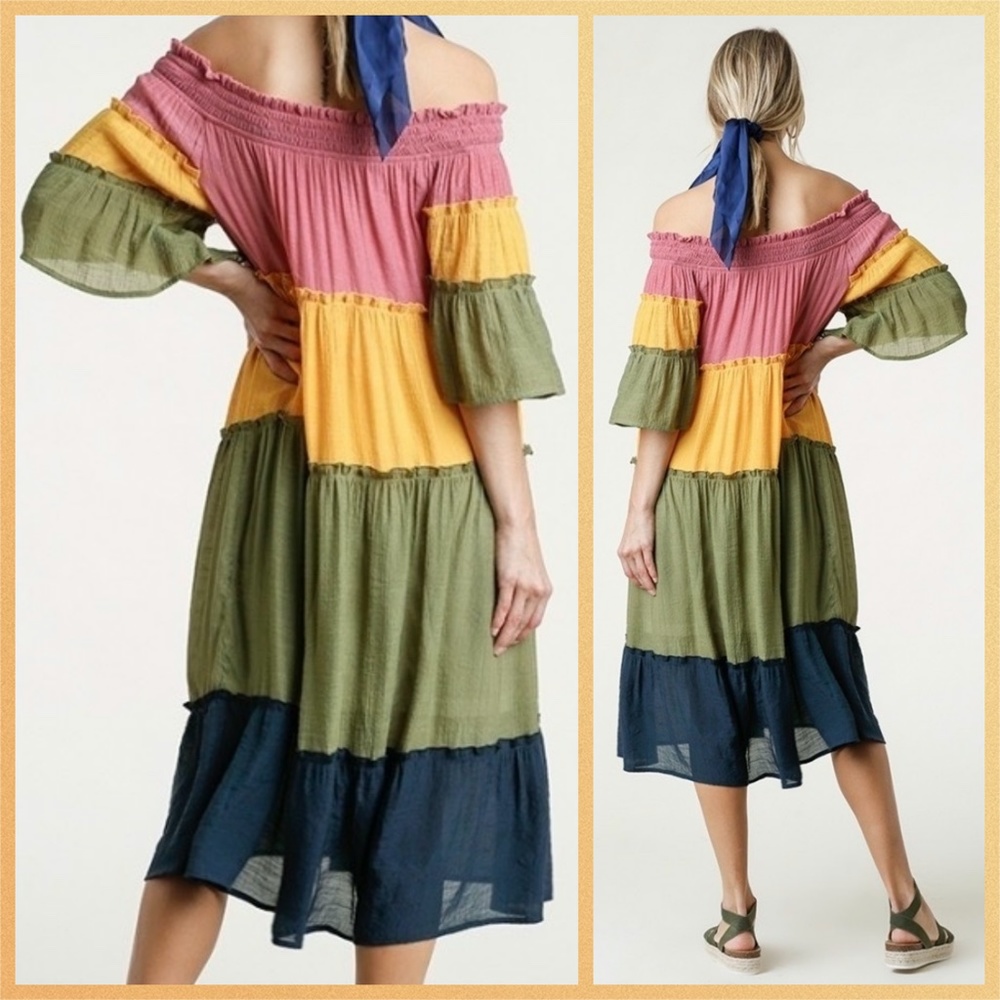Umgee Colorblock Off Shoulder Tiered Ruffled Dress - Picture 2 of 13